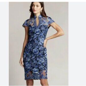 Tadashi Shoji Embroidered Cap Sleeve Illusion Lace Sheath Dress Blue Violet